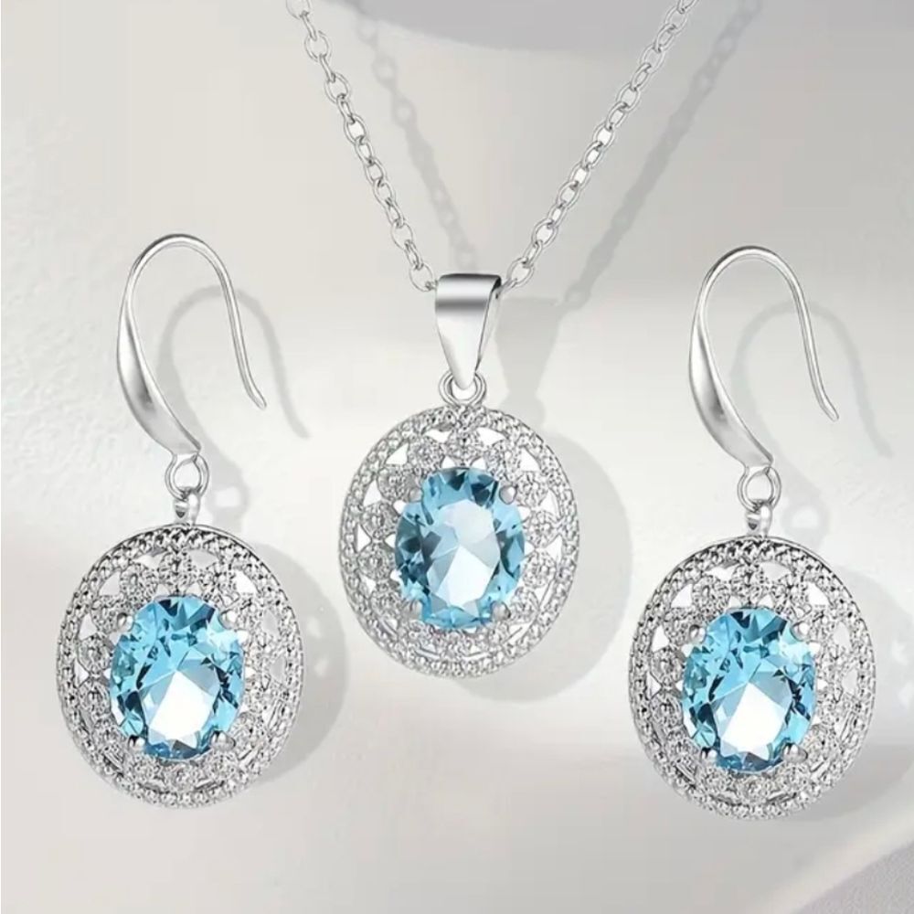 Exquisite Blue Topaz Necklace & Earrings Set